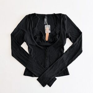 NWT Skims Soft Lounge Lace Long Sleeve Button Up in Onyx SIZE XS